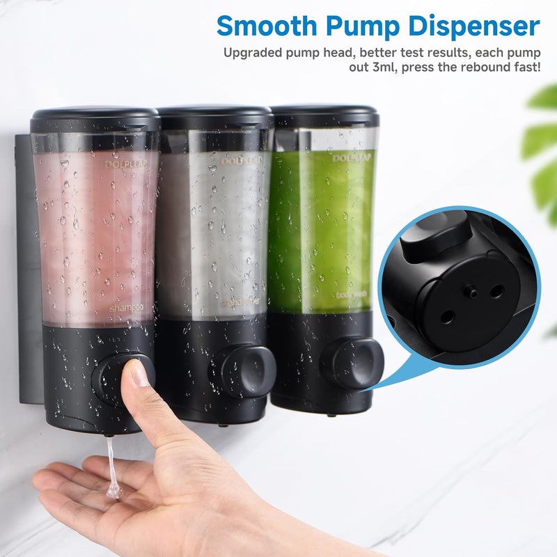 DOLPLEAP Shampoo Conditioner Body Wash Dispenser No Drill Shower Soap Dispenser Wall Mounted Shampoo Dispenser 3 Chamber with Upgrade Pump Head Bathroom Soap Dispenser 450ml/Each Black - Image 2